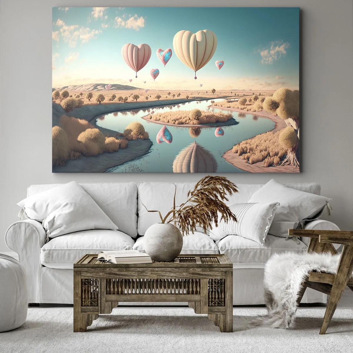 Tablou pe pânză Canvas - Baloane în formă de inimă plutind deasupra peisajului - 70x50cm - Iubirea ne înalță - Decorațiune modernă pentru perete pentru living și dormitor ARTTOR
