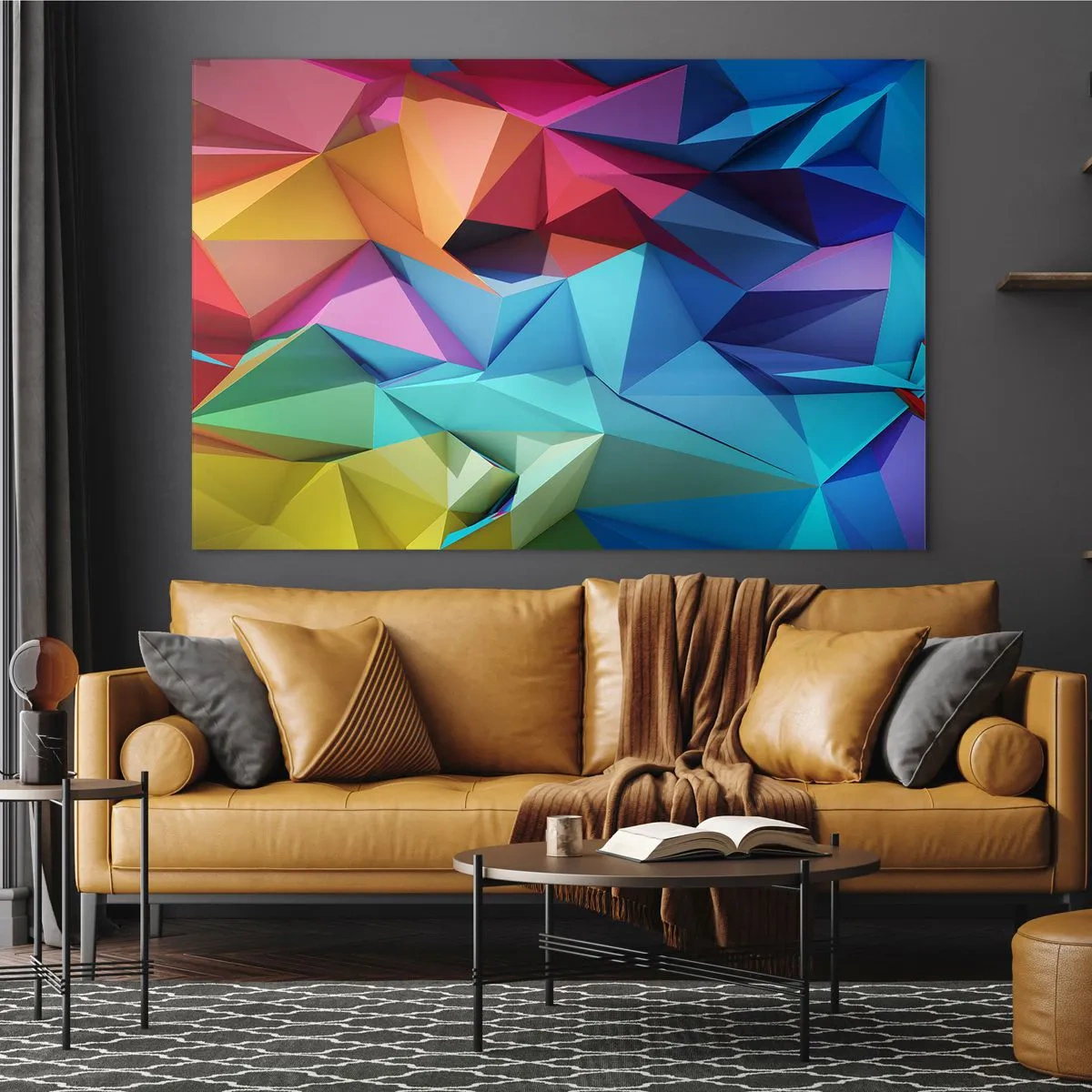 Tablou pe sticlă - Compoziție geometrică în nuanțe intense, multicolore - 70x50cm - Origami de curcubeu - Decorațiune modernă pentru perete pentru living și dormitor ARTTOR