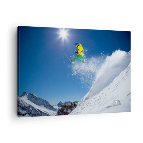 Tablou pe pânză Canvas - Schior în aer cu munți în fundal - 70x50cm - Dansând cu munții - Decorațiune modernă pentru perete pentru living și dormitor ARTTOR