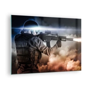Tablou pe sticlă - Un soldat în acțiune trăgând cu o pușcă pe un fundal de fum. - 70x50cm - Pur și simplu un erou - Decorațiune modernă pentru perete pentru living și dormitor ARTTOR
