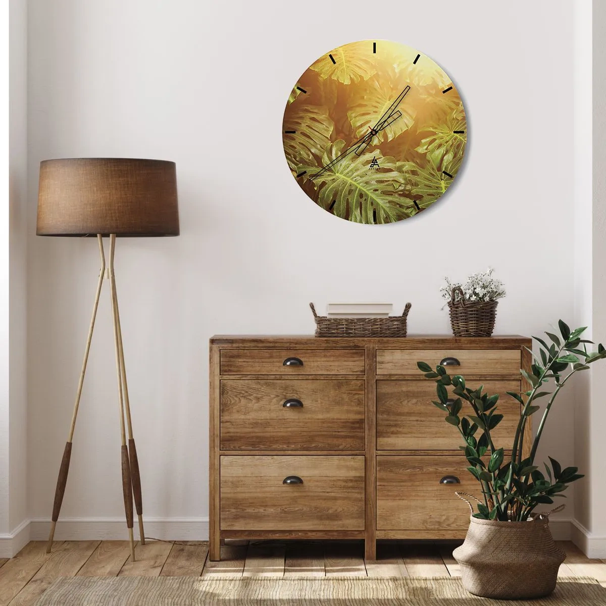 Ceas de perete - Ceas pe sticlă - Monstera frunze în lumina soarelui apus - 30x30cm - Poftiți în verde - Decorațiune modernă pentru perete pentru living, bucătărie și dormitor ARTTOR