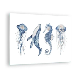 Tablou pe sticlă - Creaturi marine într-un stil delicat de acuarelă - 70x50cm - Fauna marină sălbatică - Decorațiune modernă pentru perete pentru living și dormitor ARTTOR