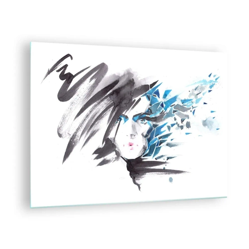 Tablou pe sticlă - Portretul unei femei cu accente abstracte albastre - 70x50cm - Portret senzual în gri și albastru - Decorațiune modernă pentru perete pentru living și dormitor ARTTOR