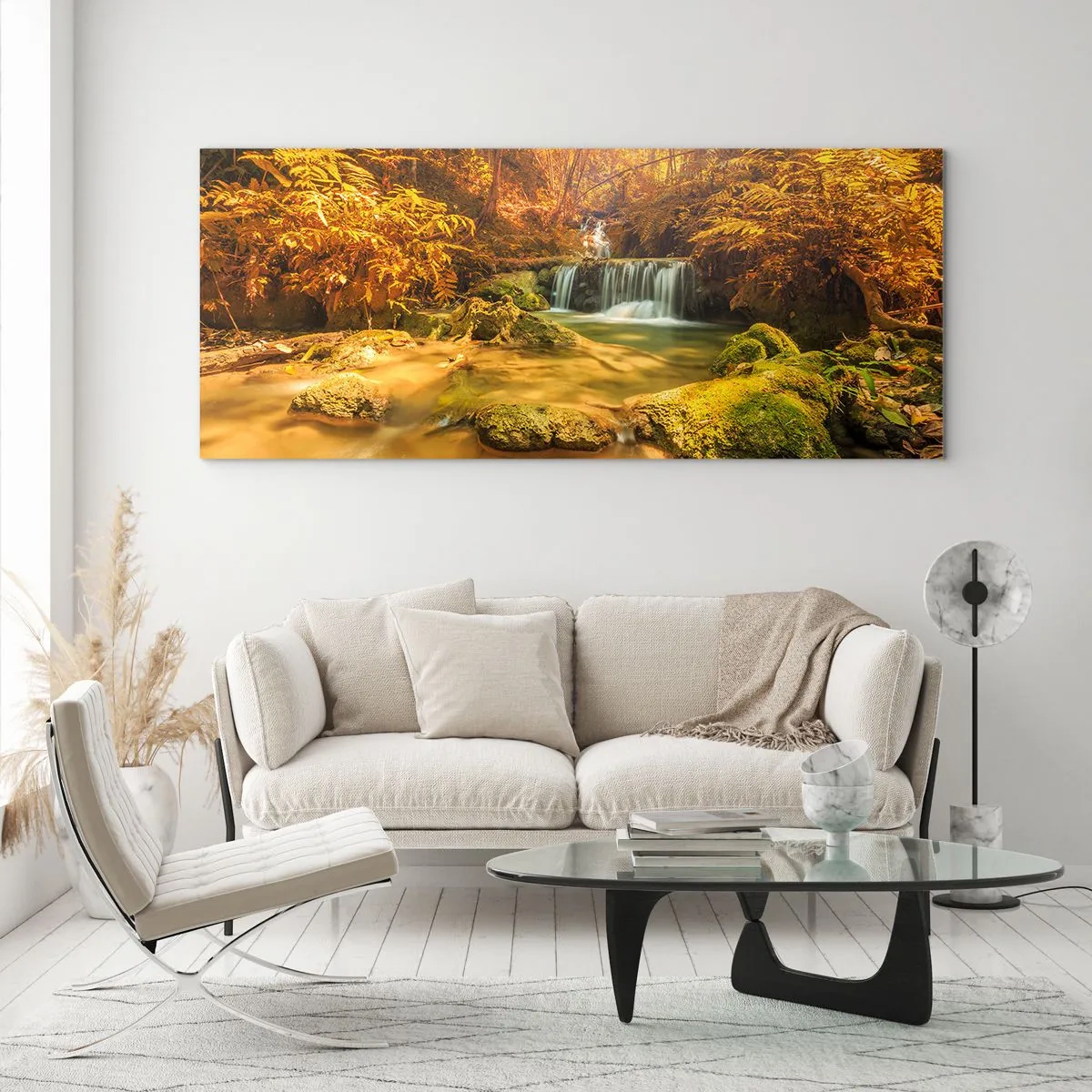 Tablou pe sticlă - Cascadă de pădure în aur - 90x30 cm