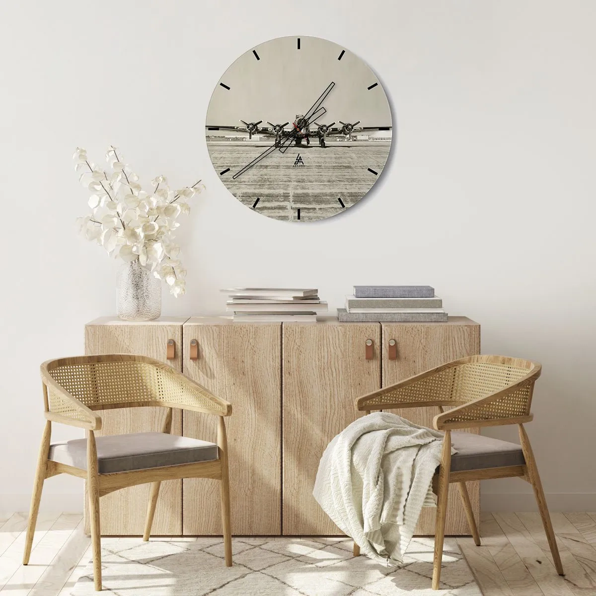 Ceas de perete - Ceas pe sticlă - Avion vintage pe un aeroport retro - 30x30cm - Pregătit, ca întotdeauna - Decorațiune modernă pentru perete pentru living, bucătărie și dormitor ARTTOR