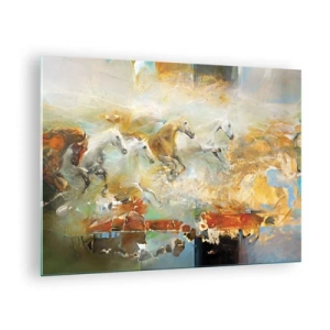 Tablou pe sticlă - Cai abstracte în mișcare dinamică - 70x50cm - Galopând prin lumină - Decorațiune modernă pentru perete pentru living și dormitor ARTTOR