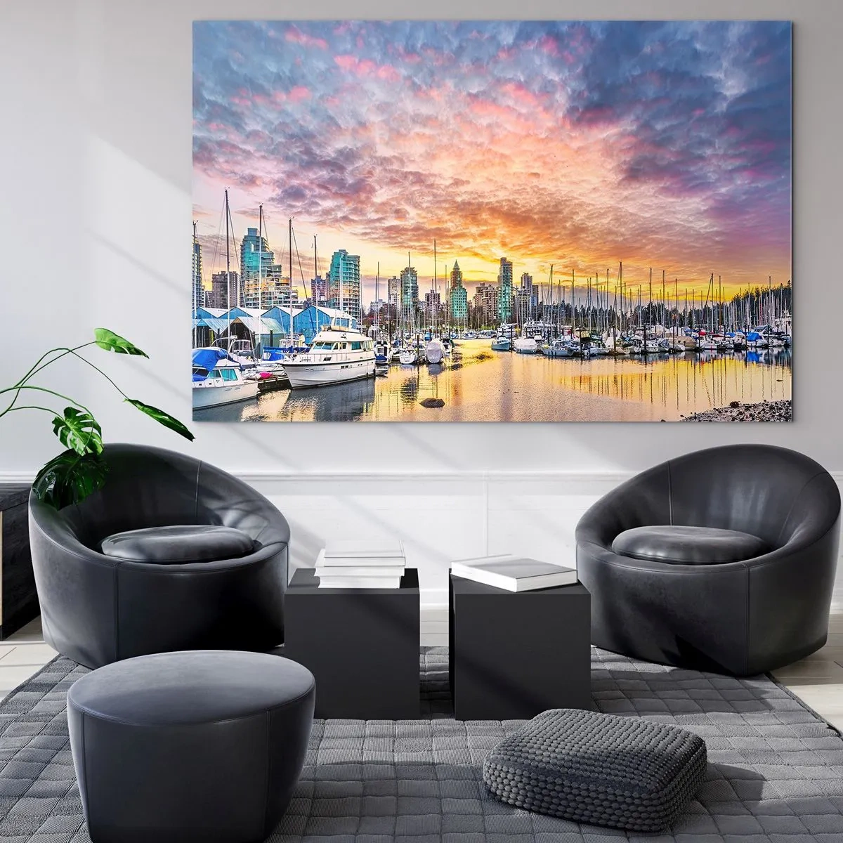Tablou pe sticlă - Apus de soare peste port cu bărci și zgârie-nori - 70x50cm - Orașul celor o mie de marinari - Decorațiune modernă pentru perete pentru living și dormitor ARTTOR