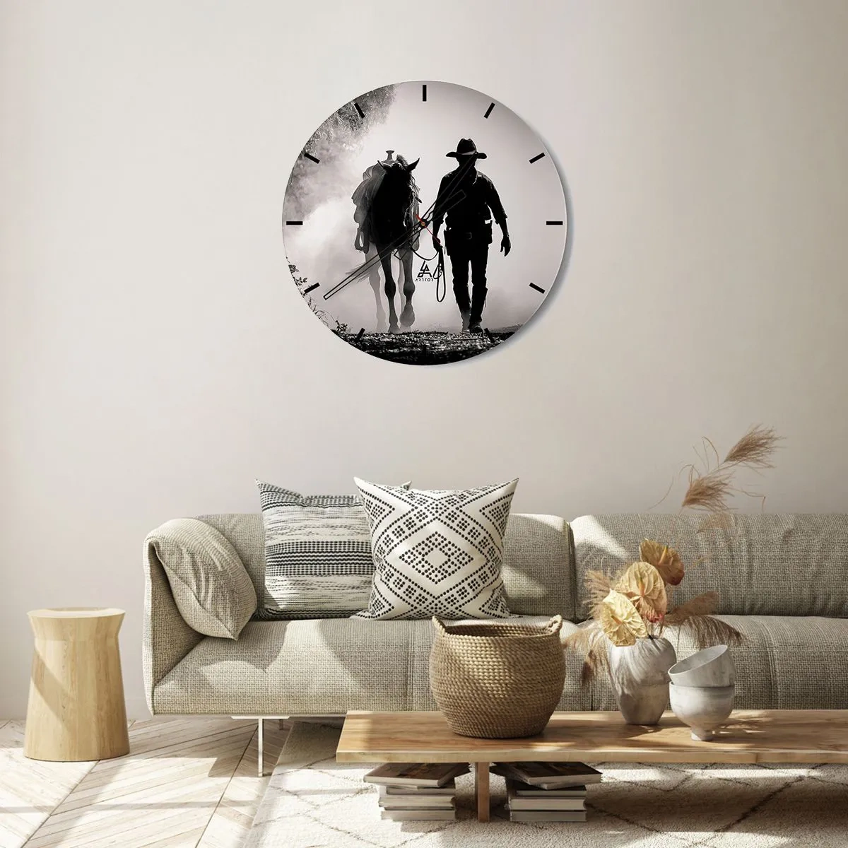Ceas de perete - Ceas pe sticlă - Un cowboy își conduce calul în ceața dimineții - 30x30cm - Texas de dimineața - Decorațiune modernă pentru perete pentru living, bucătărie și dormitor ARTTOR