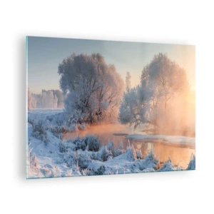 Tablou pe sticlă - Peisaj de iarnă cu un lac înghețat și ceață de dimineață - 70x50cm - Totul strălucește în cristal însorit - Decorațiune modernă pentru perete pentru living și dormitor ARTTOR