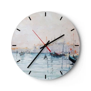 Ceas de perete - Ceas pe sticlă - O pictură impresionistă reprezentând un port cu bărci pe ape calme. - 30x30cm - În spatele apei, în spatele ceții - Decorațiune modernă pentru perete pentru living, bucătărie și dormitor ARTTOR