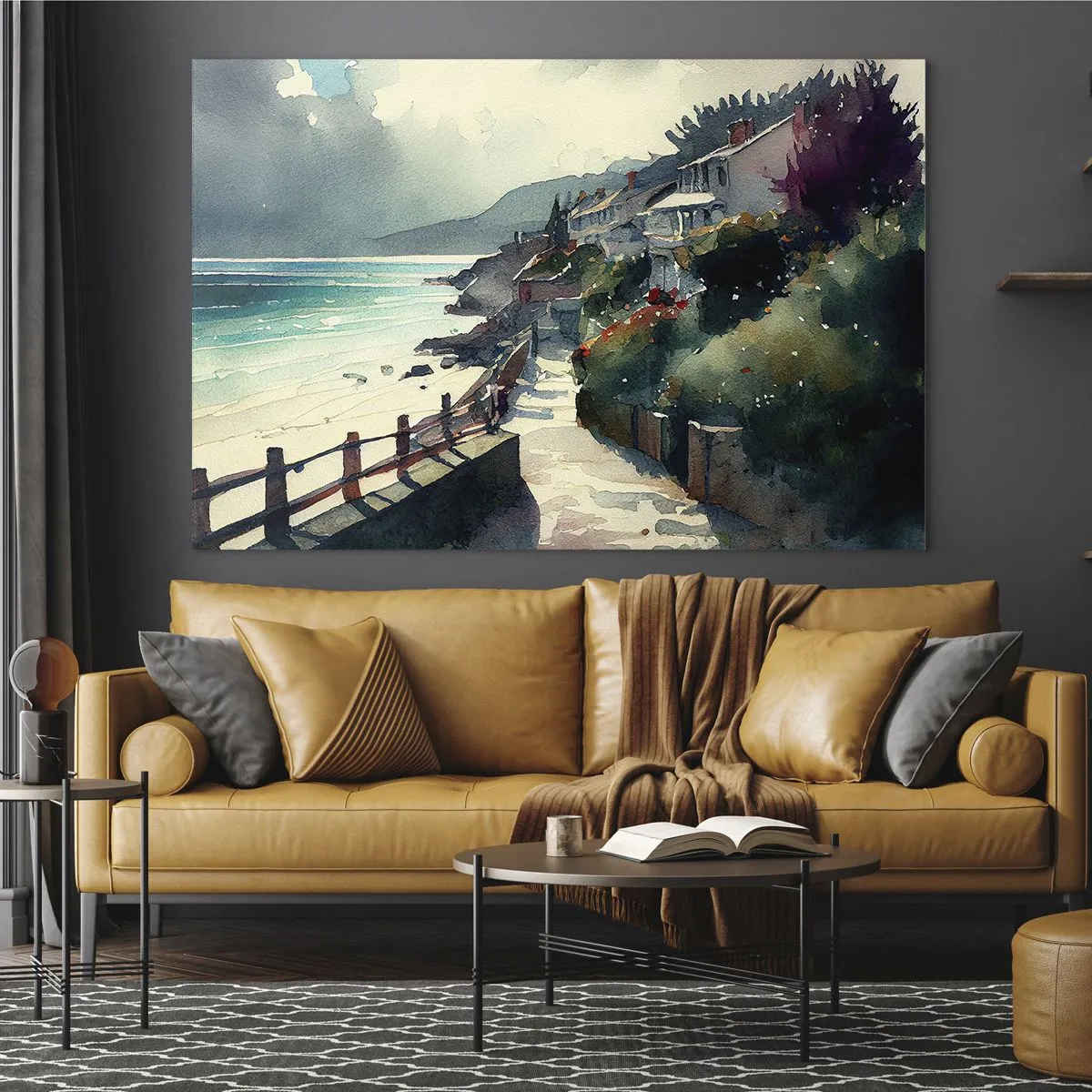 Tablou pe sticlă - O promenadă de pe malul mării cu case colorate și apă - 70x50cm - Orășel mediteraneean - Decorațiune modernă pentru perete pentru living și dormitor ARTTOR