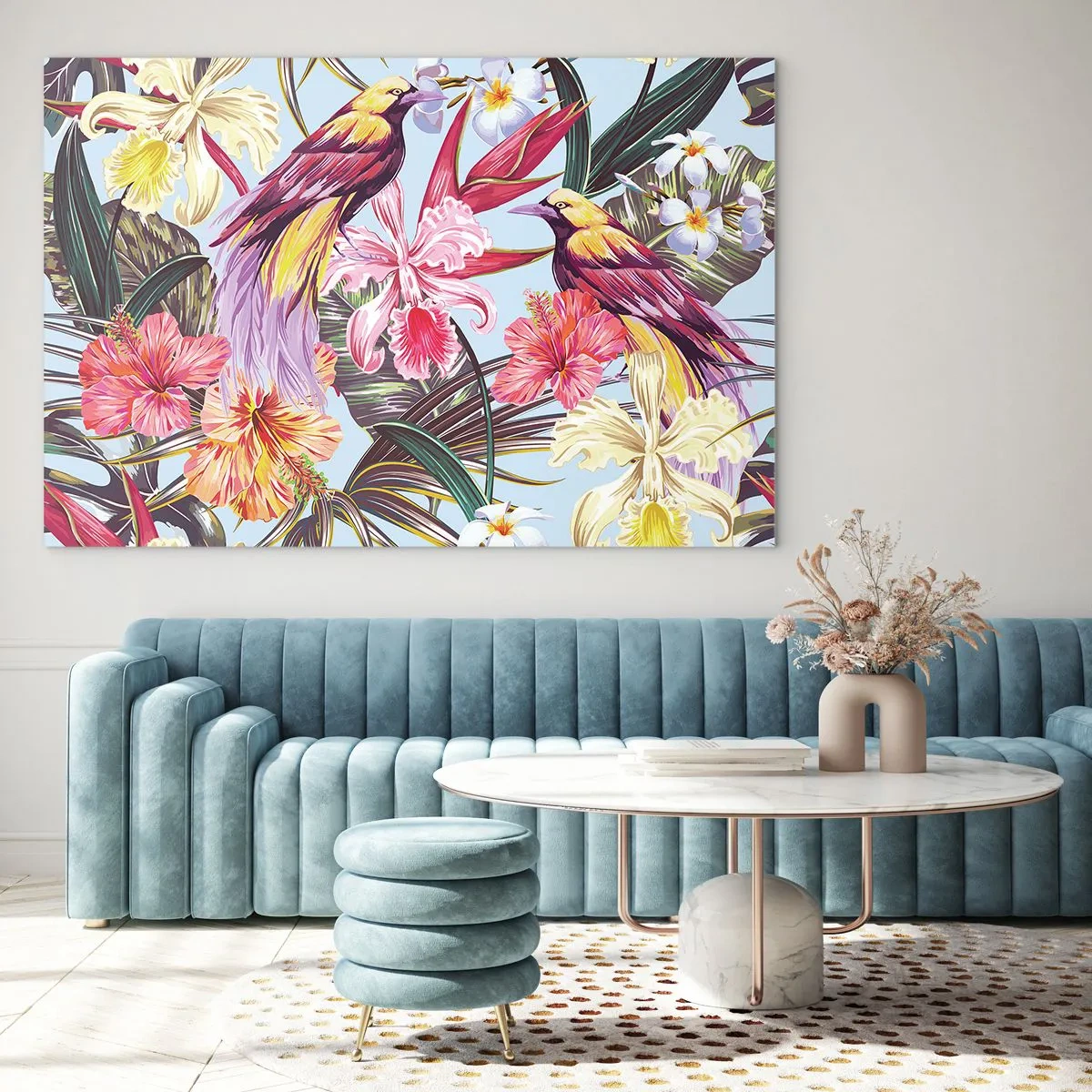 Tablou pe sticlă - Păsări și flori exotice pe un fundal deschis - 70x50cm - Petale și pene - Decorațiune modernă pentru perete pentru living și dormitor ARTTOR