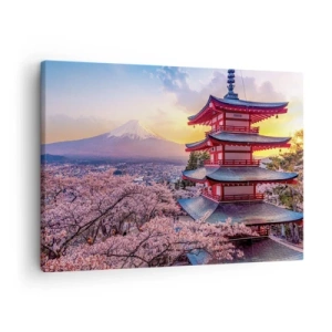 Tablou pe pânză Canvas - O pagodă în Japonia cu flori de cireș și Muntele Fuji - 70x50cm - Esența spiritului japonez - Decorațiune modernă pentru perete pentru living și dormitor ARTTOR