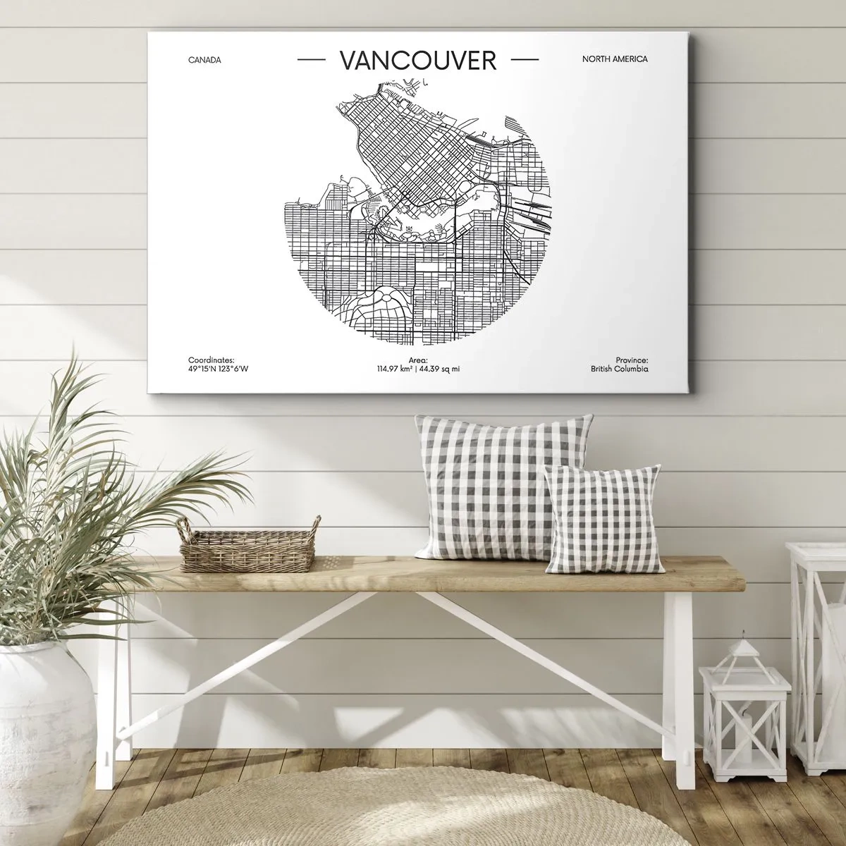 Tablou pe pânză Canvas - O hartă a orașului Vancouver într-un stil minimalist alb-negru - 70x50cm - Anatomia Vacouverului - Decorațiune modernă pentru perete pentru living și dormitor ARTTOR