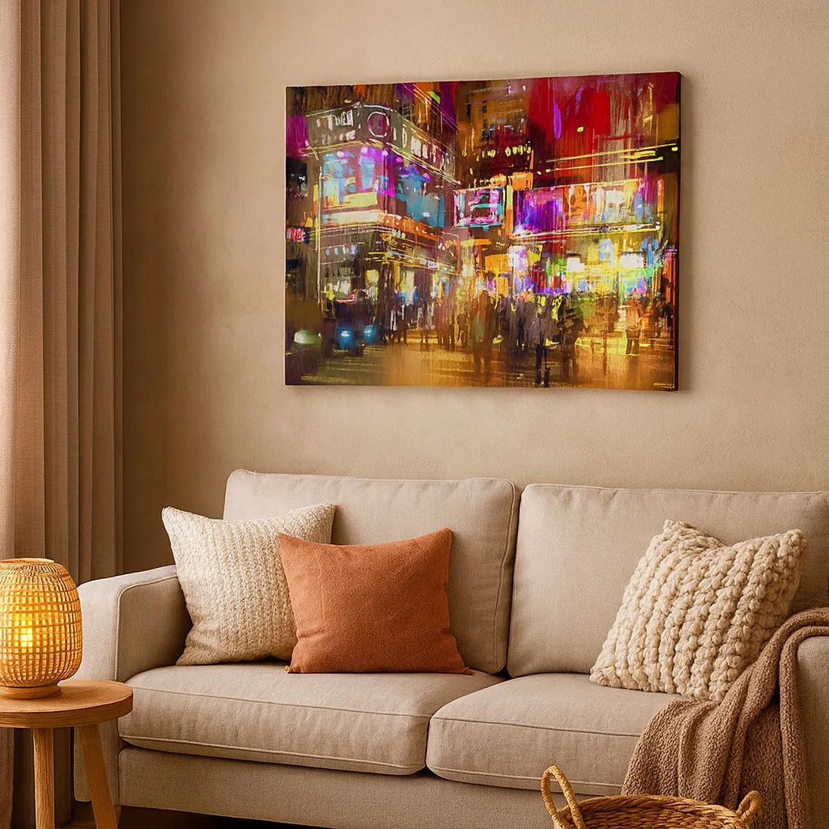 Tablou pe pânză Canvas - Un oraș vibrant noaptea în lumina neonului - 70x50cm - Într-o mare de lumină - Decorațiune modernă pentru perete pentru living și dormitor ARTTOR