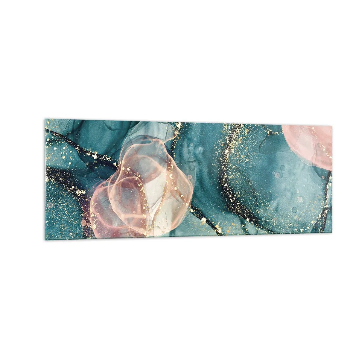 Tablou pe sticlă - Mătase albastră, tul roz - 140x50 cm