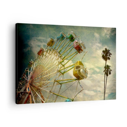 Tablou pe pânză Canvas - Fotografie retro a unei roți Ferris cu palmieri pe fundalul cerului - 70x50cm - Hai la distracție… - Decorațiune modernă pentru perete pentru living și dormitor ARTTOR