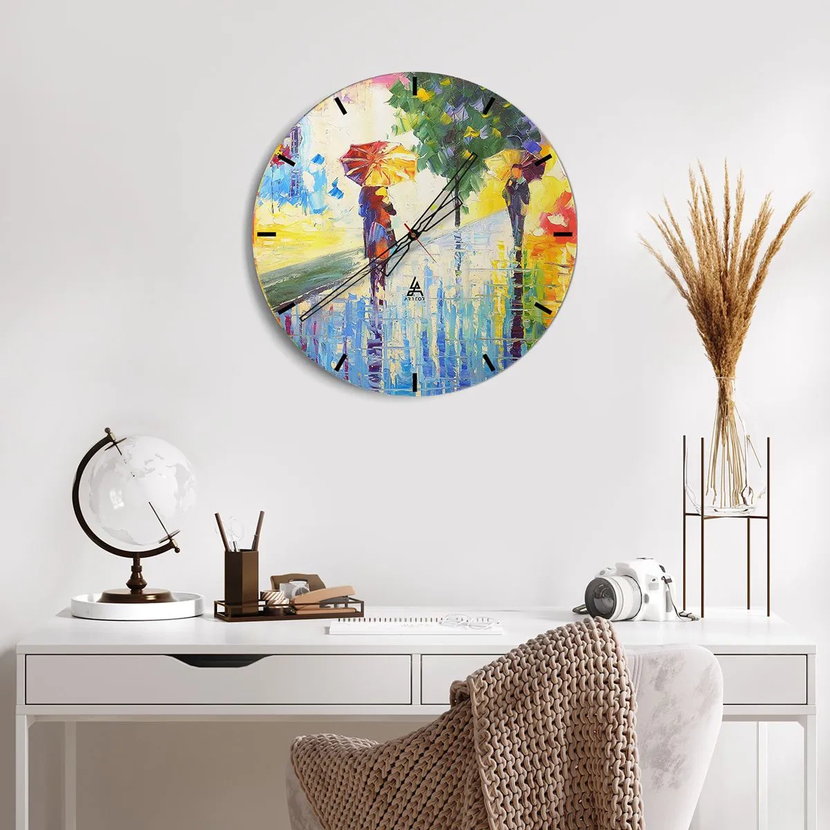 Ceas de perete - Ceas pe sticlă - Personaje cu umbrele care se plimbă într-o zi ploioasă - 30x30cm - Și totul este clar - Decorațiune modernă pentru perete pentru living, bucătărie și dormitor ARTTOR