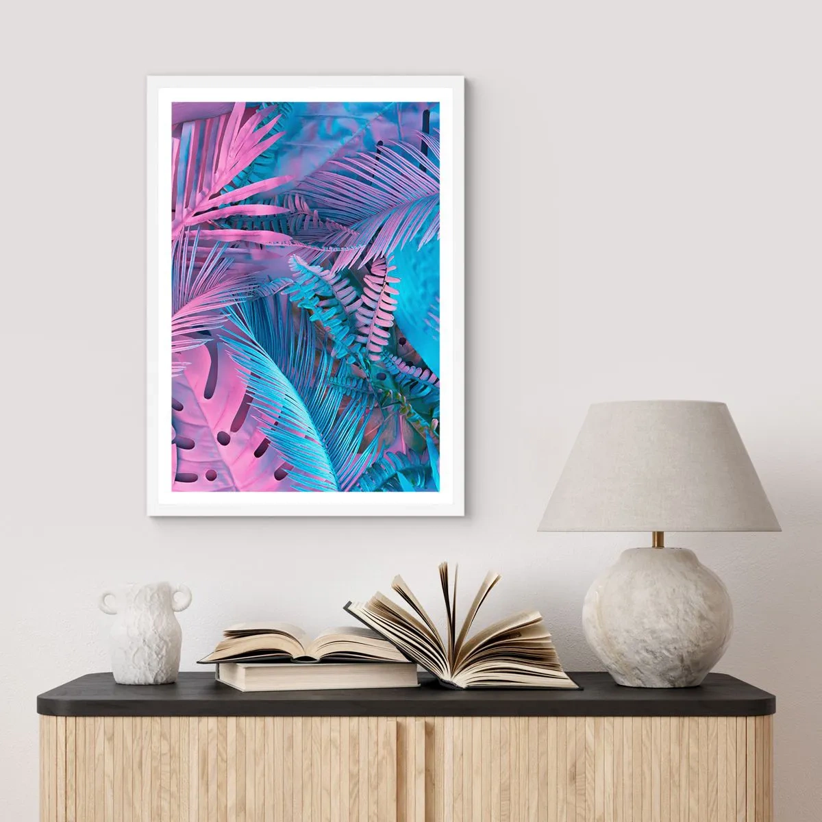 Poster în ramă albă - Palmieri în alb și albastru - 61x91 cm