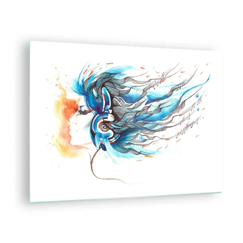 Tablou pe sticlă - O femeie cu păr albastru și căști, într-o expresie muzicală - 70x50cm - Lasă muzica să curgă - Decorațiune modernă pentru perete pentru living și dormitor ARTTOR