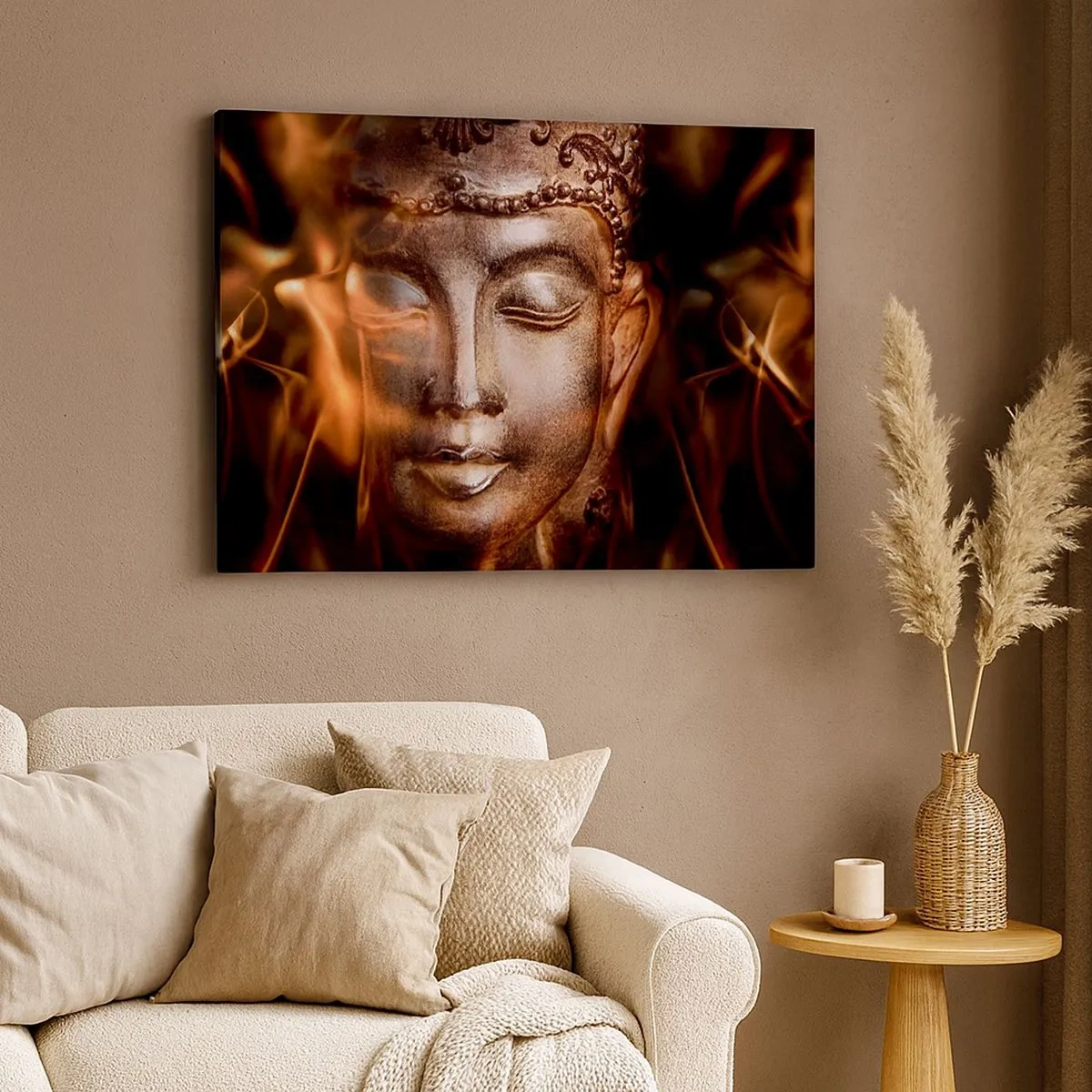 Tablou pe pânză Canvas - O statuie a lui Buddha în mijlocul flăcărilor aurii - 70x50cm - Există doar aici și acum - Decorațiune modernă pentru perete pentru living și dormitor ARTTOR