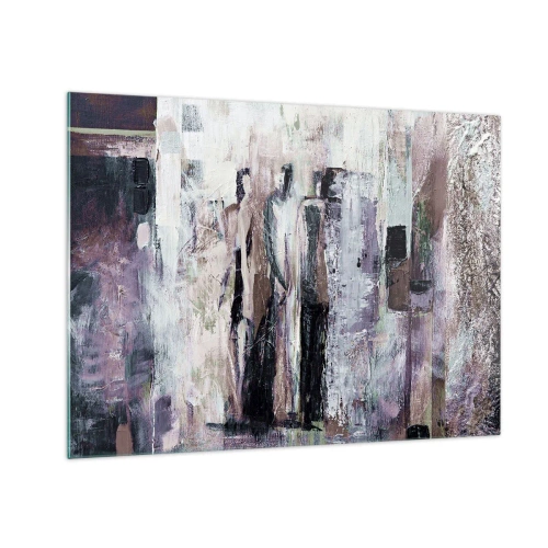 Tablou pe sticlă - Siluete abstracte de figuri pe un fundal texturat de vopsea - 70x50cm - Cei trei misterioși - Decorațiune modernă pentru perete pentru living și dormitor ARTTOR