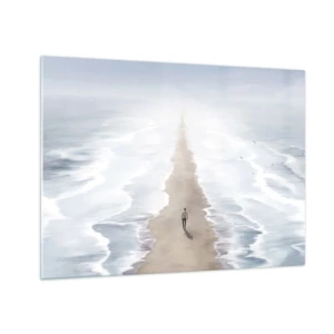 Tablou pe sticlă - O figură mergând singură spre orizont printre valuri - 70x50cm - Un viitor luminos - Decorațiune modernă pentru perete pentru living și dormitor ARTTOR