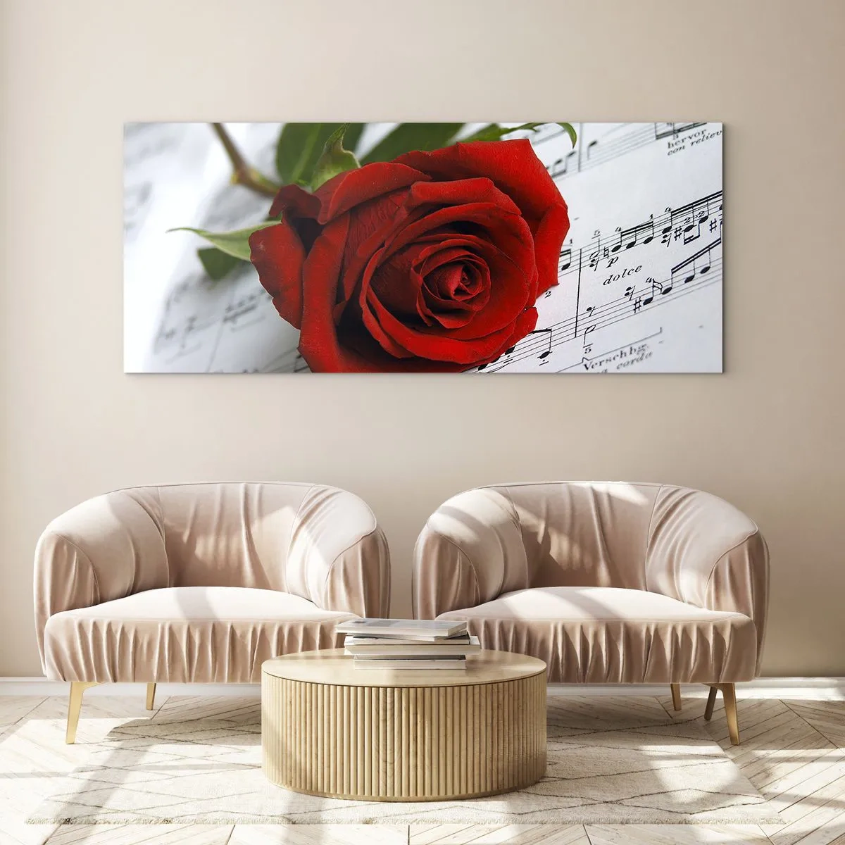 Tablou pe sticlă - Muzica sentimentelor în stacojiu - 90x30 cm