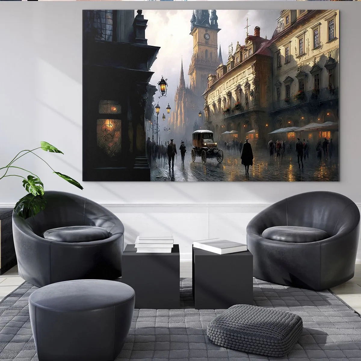 Tablou pe sticlă - O stradă istorică luminată de felinare la amurg - 70x50cm - Magia unei seri la Praga - Decorațiune modernă pentru perete pentru living și dormitor ARTTOR