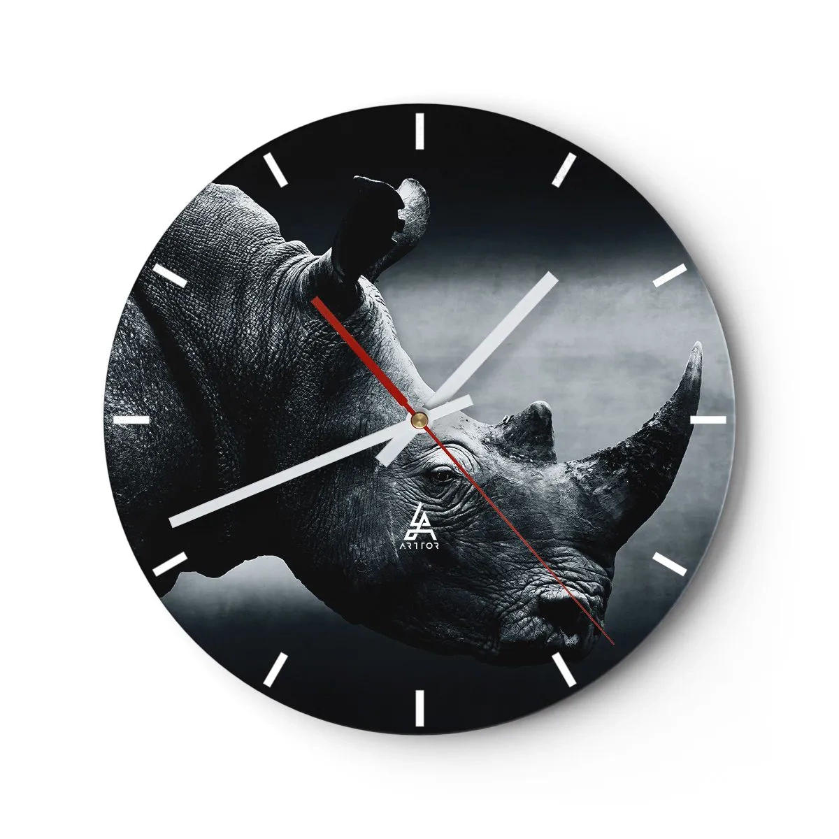 Ceas de perete - Ceas pe sticlă - Portretul unui rinocer în tonuri monocrome pe un fundal întunecat - 30x30cm - Profil drept - Decorațiune modernă pentru perete pentru living, bucătărie și dormitor ARTTOR