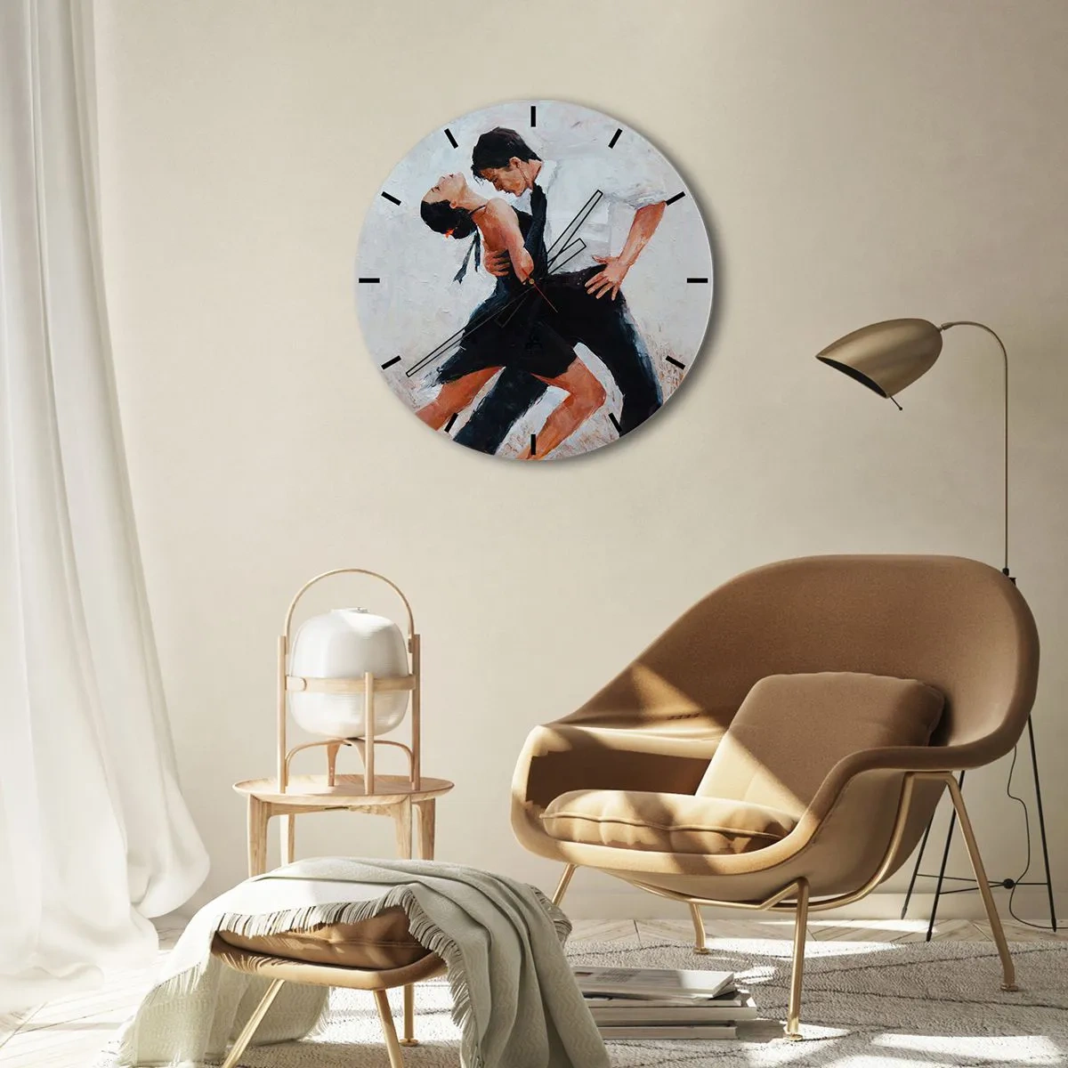 Ceas de perete - Ceas pe sticlă - Un cuplu dansând tango într-o poză dinamică și pasională - 30x30cm - Tangoul visurilor mele - Decorațiune modernă pentru perete pentru living, bucătărie și dormitor ARTTOR