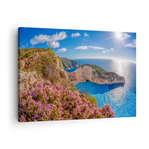 Tablou pe pânză Canvas - O stâncă cu flori, o mare turcoaz și un peisaj grecesc însorit - 70x50cm - Marea mea vacanță grecească - Decorațiune modernă pentru perete pentru living și dormitor ARTTOR