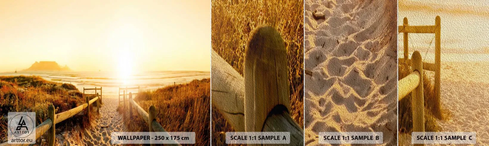Mostră tapet Premium Sand - Prin dune spre soare - Peisaj, plajă, Apus de soare - 100x30 cm