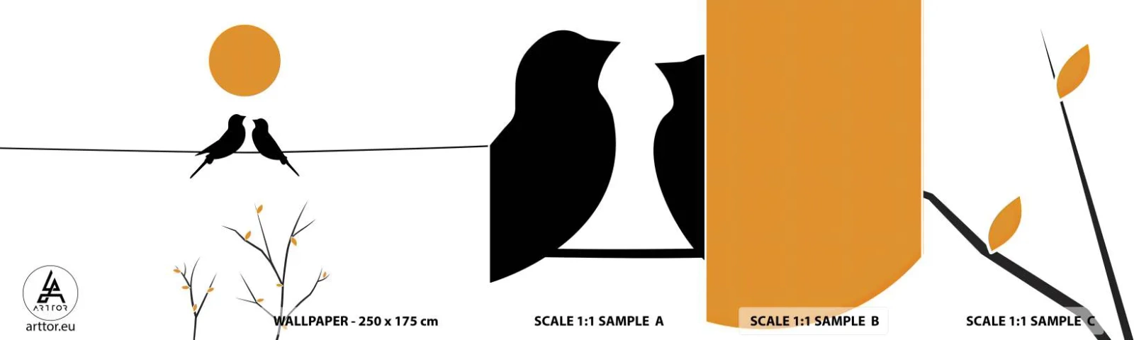 Mostră de Tapet Standard Eco - Seară cu privighetori - Abstracția, Păsări, Grafică - 100x30 cm