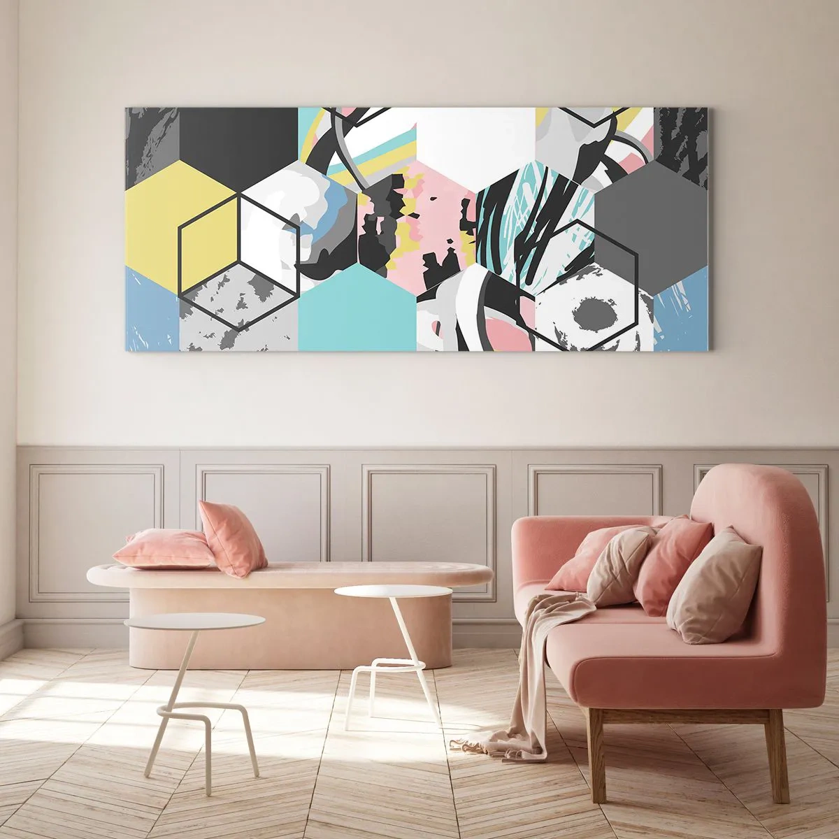 Tablou pe sticlă - Hexagoane și cuburi în șase culori - 120x50 cm