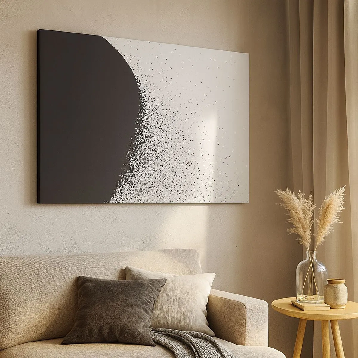 Tablou pe pânză Canvas - Model abstract cu particule negre pe un fundal deschis - 70x50cm - Mișcarea particulelor - Decorațiune modernă pentru perete pentru living și dormitor ARTTOR