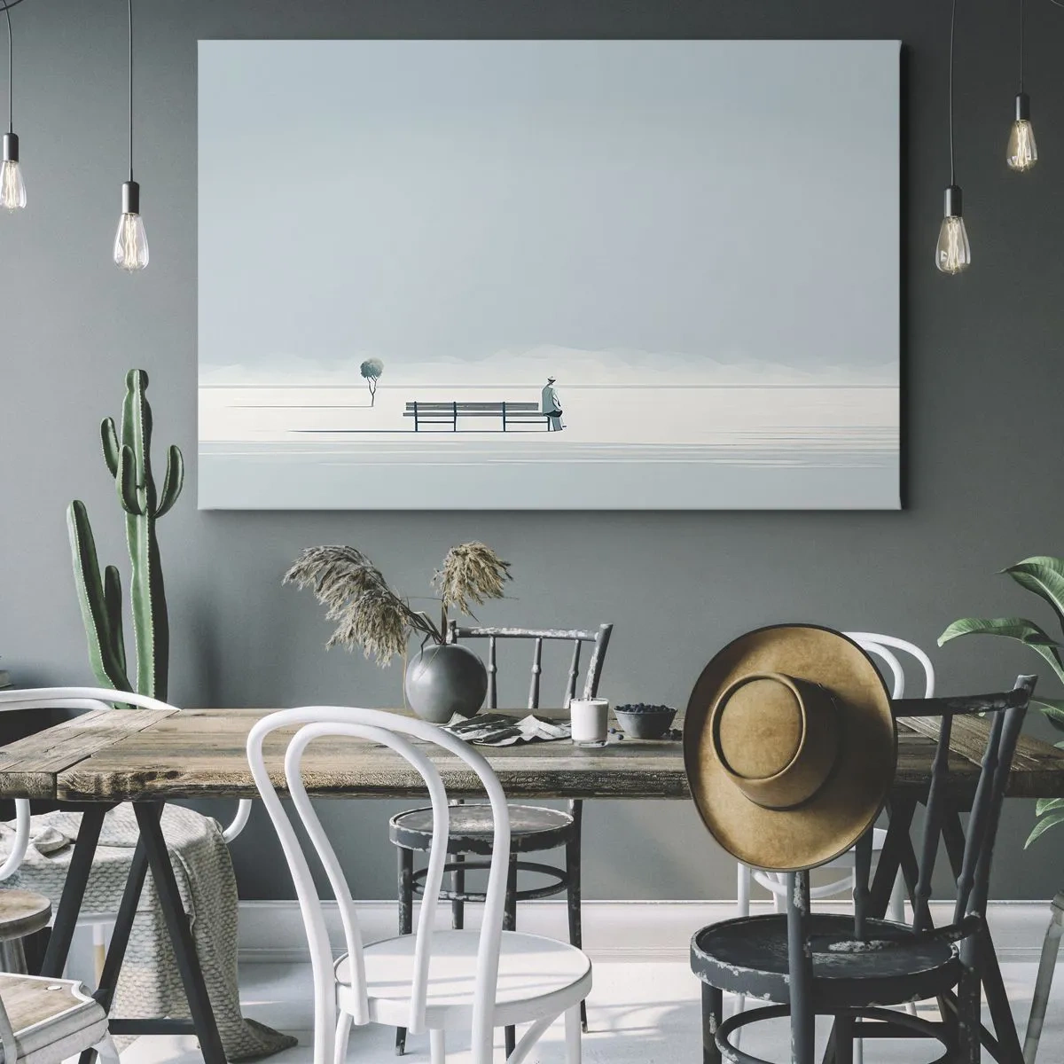 Tablou pe pânză Canvas - O persoană așezată pe o bancă într-un peisaj minimalist - 70x50cm - Da, aștept. - Decorațiune modernă pentru perete pentru living și dormitor ARTTOR