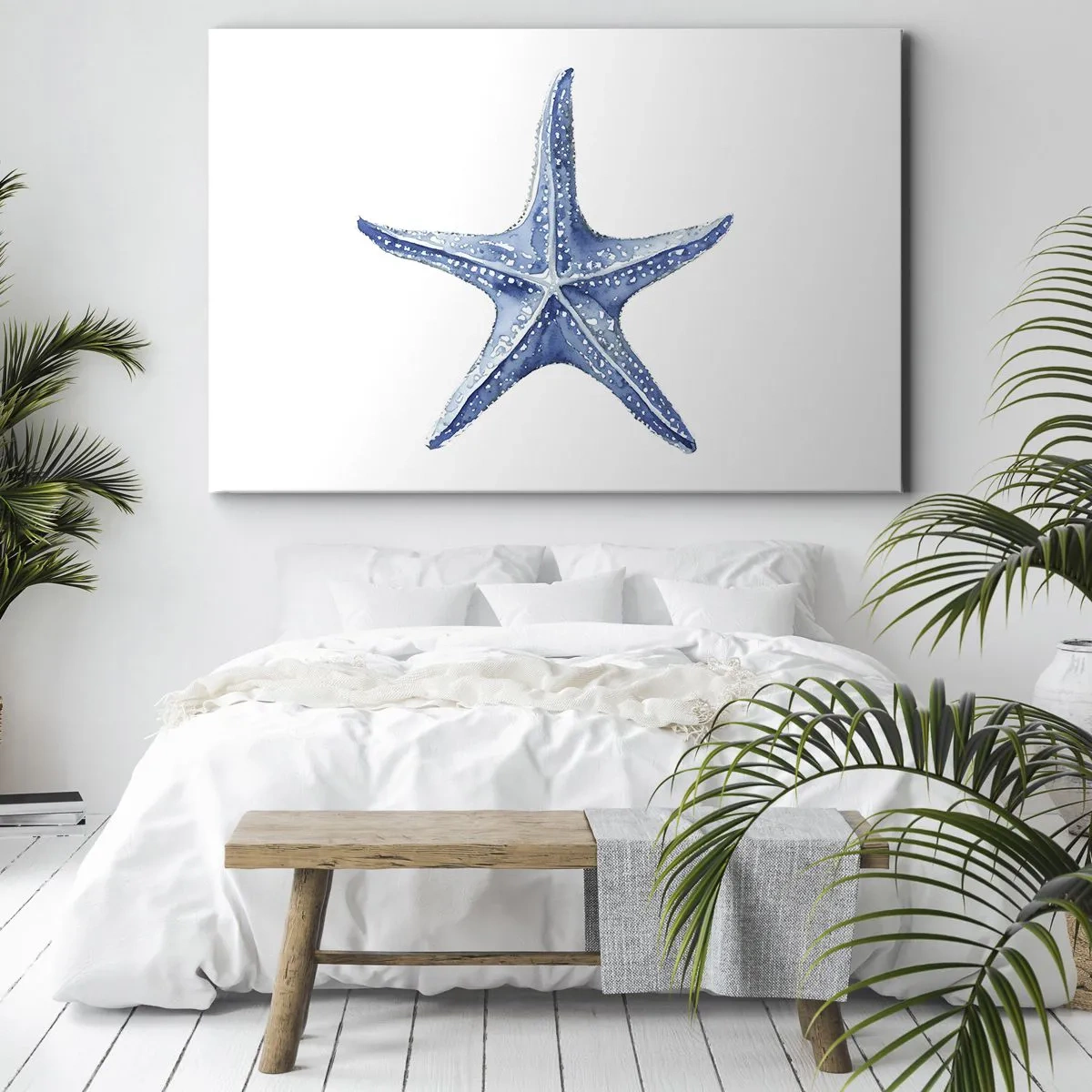 Tablou pe pânză Canvas - Stea de mare albastră pe fundal alb, în stil minimalist - 70x50cm - Steaua mării - Decorațiune modernă pentru perete pentru living și dormitor ARTTOR