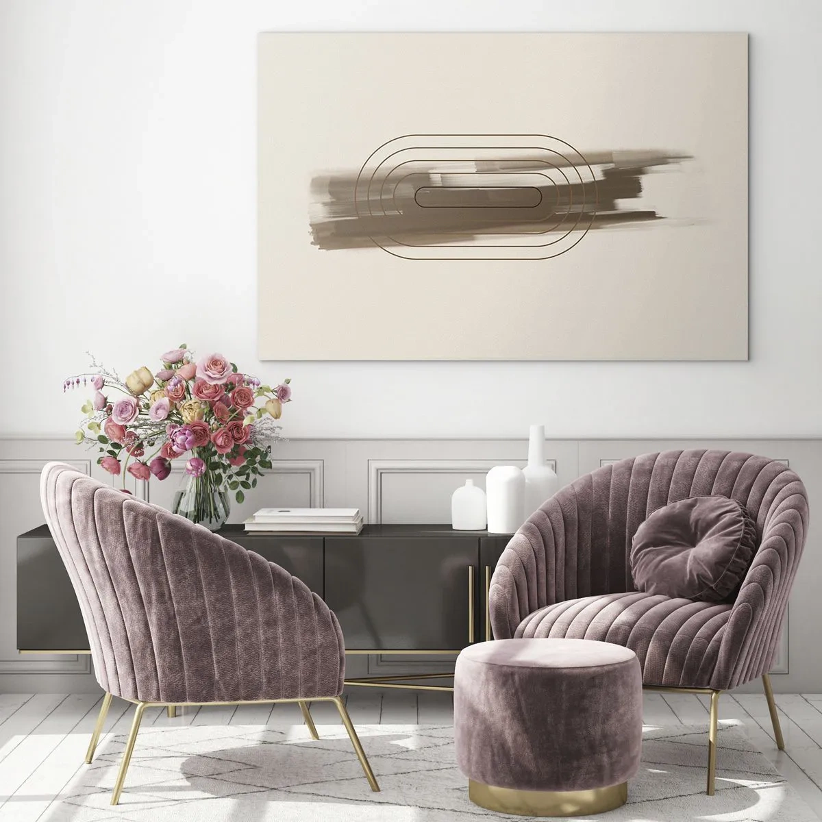 Tablou pe sticlă - Abstracție în nuanțe de maro cu un model minimalist - 70x50cm - O adiere de gri - Decorațiune modernă pentru perete pentru living și dormitor ARTTOR