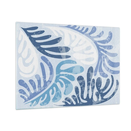 Tablou pe sticlă - Frunze decorative de ferigă în nuanțe de albastru pe un fundal deschis - 70x50cm - Ferigi albastre - Decorațiune modernă pentru perete pentru living și dormitor ARTTOR