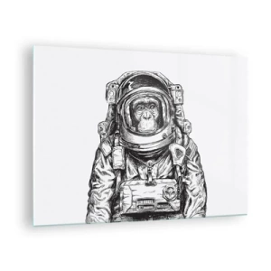 Tablou pe sticlă - Schiță a unei maimuțe într-un costum de astronaut pe un fundal alb - 70x50cm - Evoluție alternativă - Decorațiune modernă pentru perete pentru living și dormitor ARTTOR
