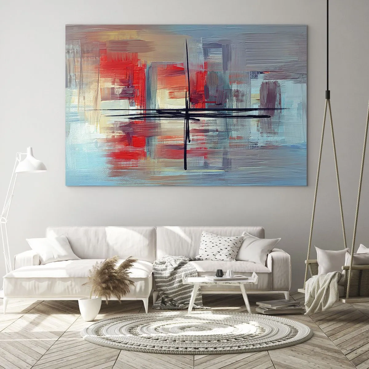 Tablou pe sticlă - O abstracție colorată cu roșu și albastru, inspirată de un peisaj. - 70x50cm - Peisaj dintr-o dimensiune necunoscută - Decorațiune modernă pentru perete pentru living și dormitor ARTTOR