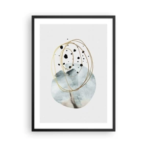 Poster în ramă neagră - Abstracție minimalistă cu accente de auriu și albastru - 50x70cm - În îmbrățișarea spațiului - Decorațiune modernă pentru perete pentru living și dormitor ARTTOR