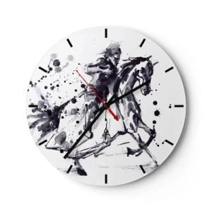 Ceas de perete - Ceas pe sticlă - Călăreț în acuarelă alb-negru - 30x30cm - Cavalerul negru - Decorațiune modernă pentru perete pentru living, bucătărie și dormitor ARTTOR