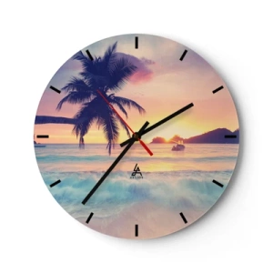Ceas de perete - Ceas pe sticlă - Plajă tropicală cu palmier la apus - 30x30cm - O seară în golf - Decorațiune modernă pentru perete pentru living, bucătărie și dormitor ARTTOR