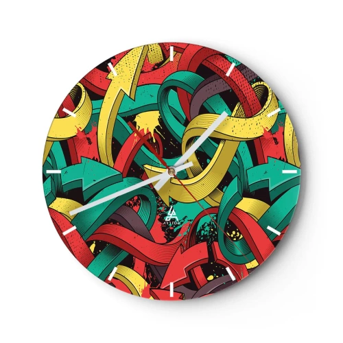 Ceas de perete - Ceas pe sticlă - Săgeți colorate într-un stil dinamic, de benzi desenate - 30x30cm - Pe unde să mergem? - Decorațiune modernă pentru perete pentru living, bucătărie și dormitor ARTTOR