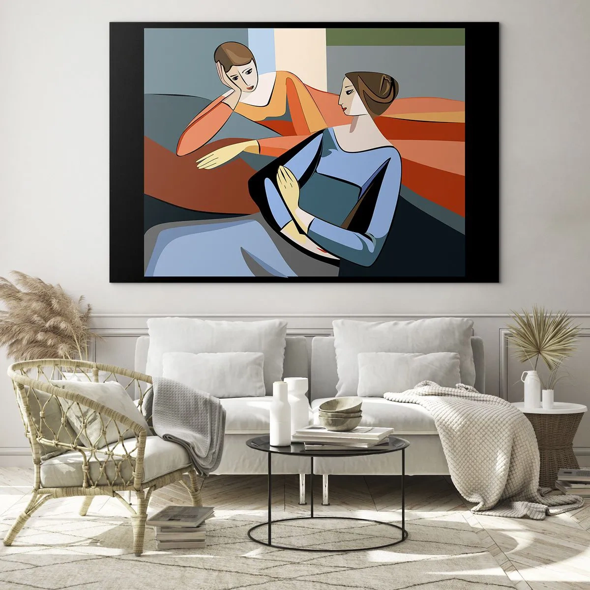 Tablou pe sticlă - O scenă geometrică a unei conversații între două femei pe fundalul unui interior. - 70x50cm - Un moment de confidențe - Decorațiune modernă pentru perete pentru living și dormitor ARTTOR