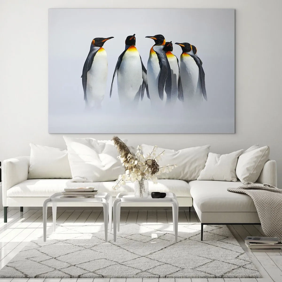 Tablou pe sticlă - Un grup de pinguini într-un peisaj de iarnă - 70x50cm - Întâlnire în rochie de seară - Decorațiune modernă pentru perete pentru living și dormitor ARTTOR