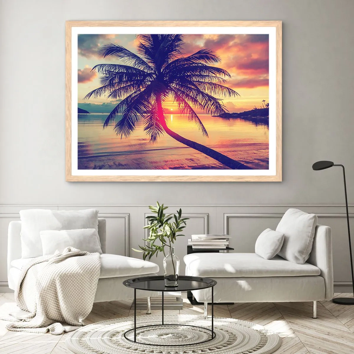 Poster în ramă de stejar deschis - O seară sub palmieri - 91x61 cm