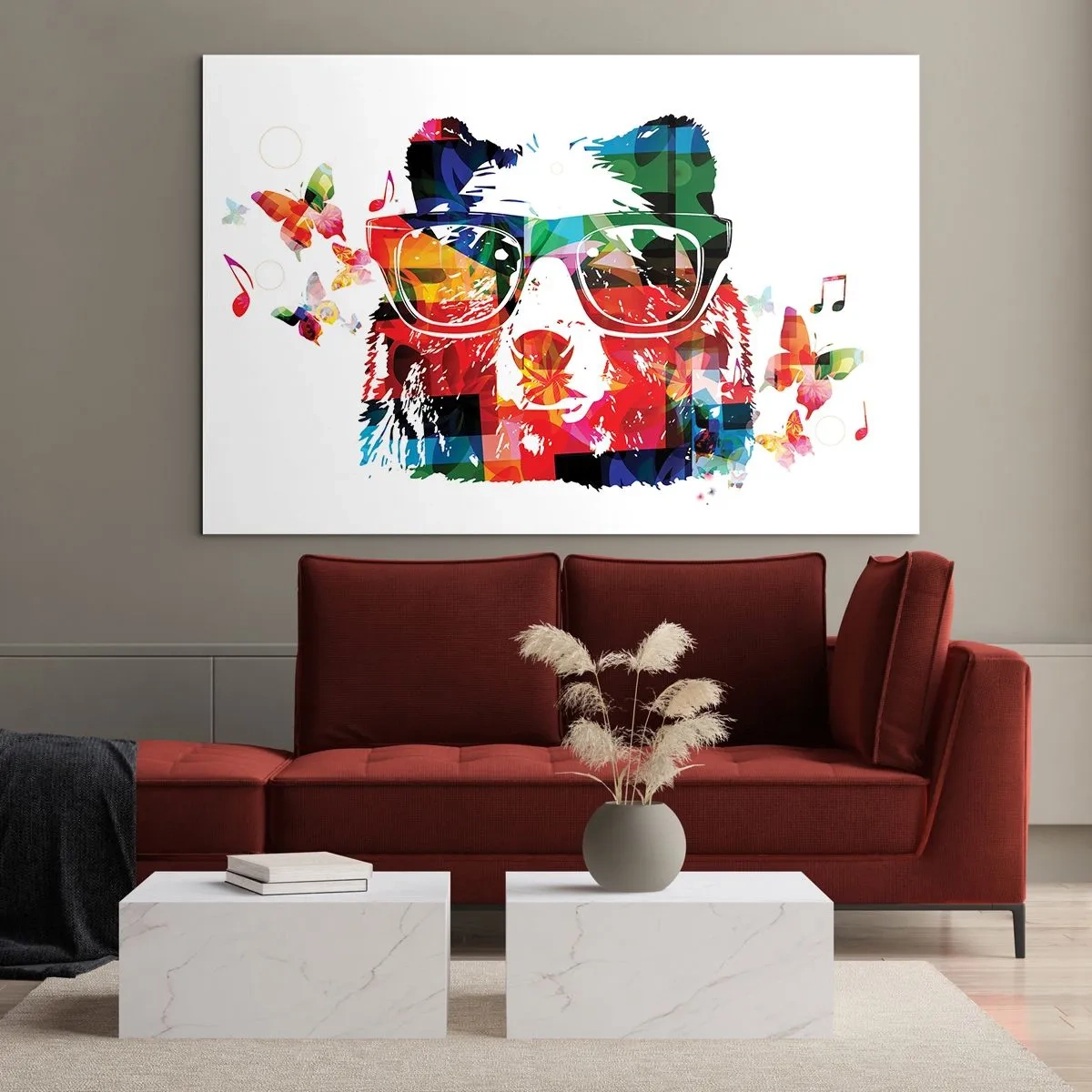Tablou pe sticlă - Urs colorat cu ochelari în stil pop art cu o temă muzicală - 70x50cm - Îmi place ursul! - Decorațiune modernă pentru perete pentru living și dormitor ARTTOR